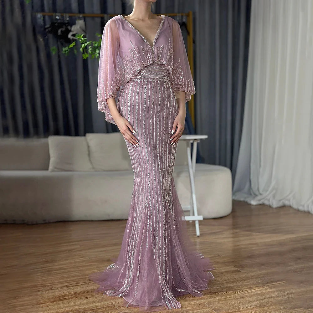 Luxury Turquoise Mermaid Evening Dress with Long Cape LA72258