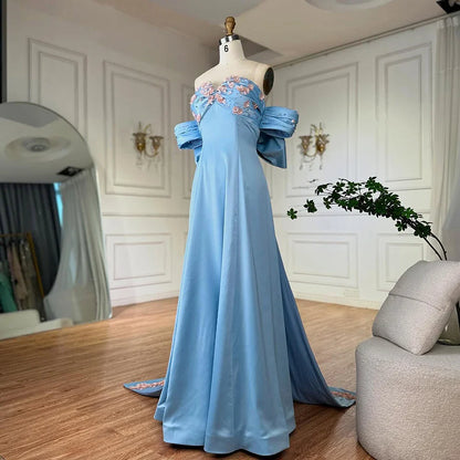Luxury Dubai   Arabic Blue Beaded A-Line Saudi Evening Gown for Formal Occasion LA72792