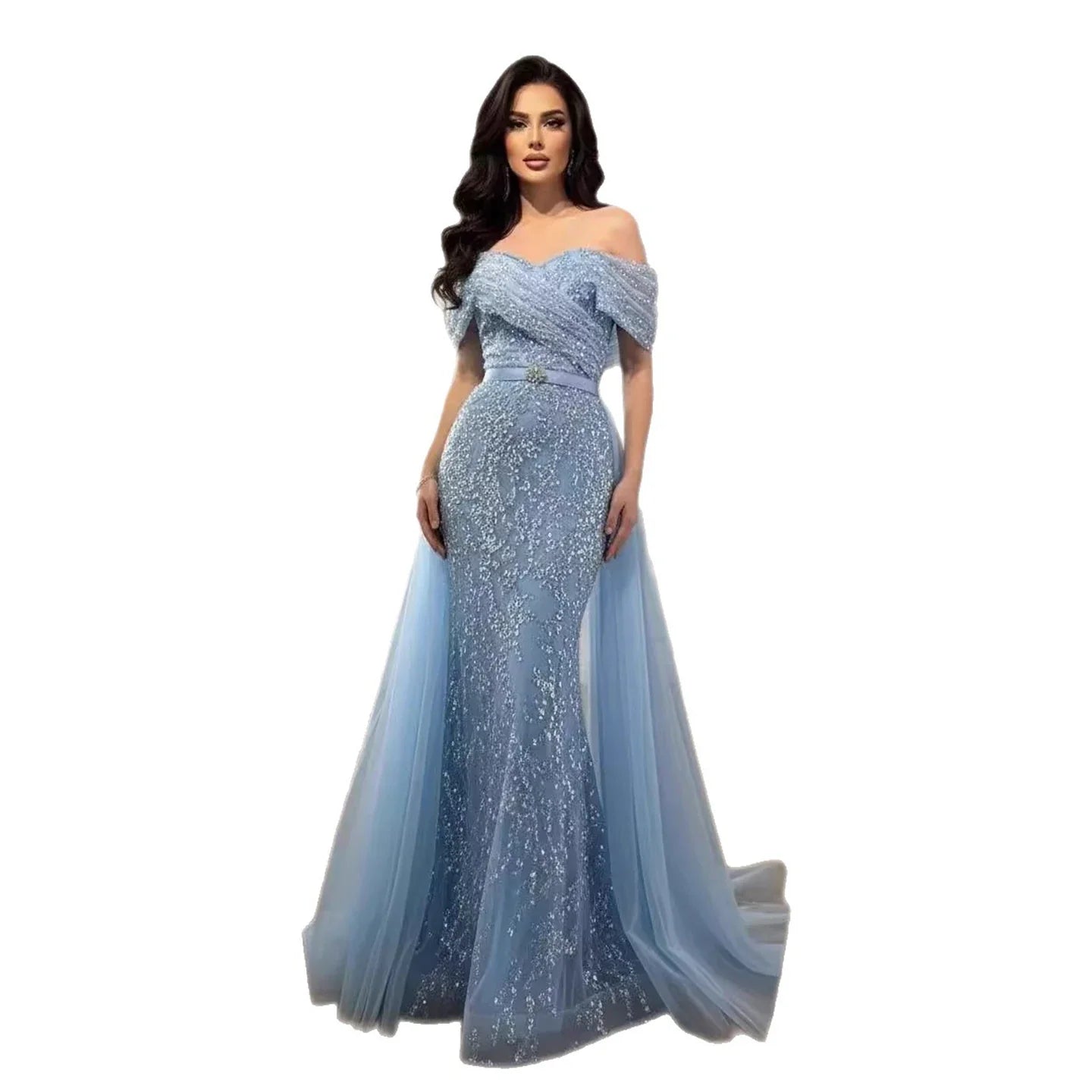 Luxury Arabic Blue One Shoulder Mermaid Evening Dress LA73378