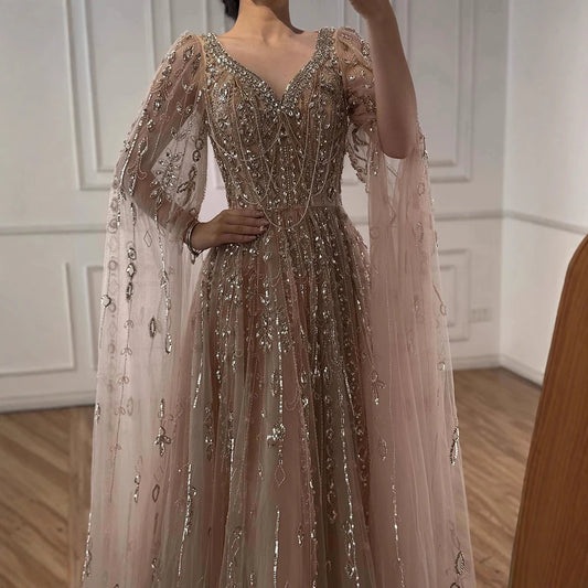 Luxury Nude Beaded Evening Dress with Cape Sleeves for Formal Occasion LA72764A