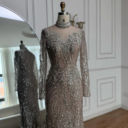 Luxury Silver Nude Beaded Mermaid Evening Dress LA73083