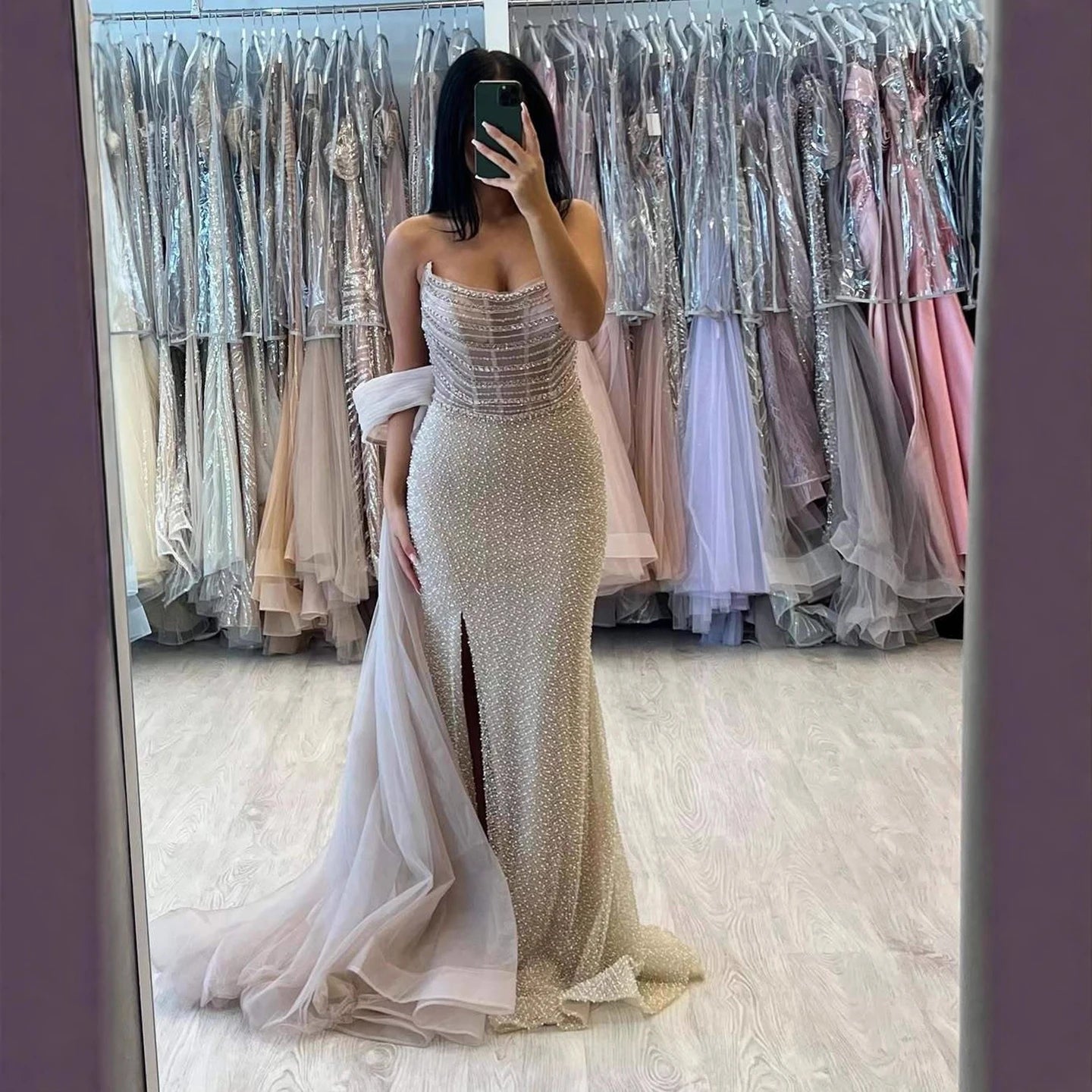 Luxury Evening Dress Nude BeadedSheath Gown With Tulle Train LA73388