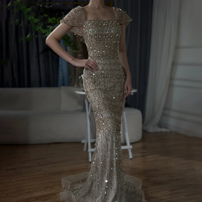 Luxury White Mermaid Beaded Evening Dress with Short Sleeves LA72714