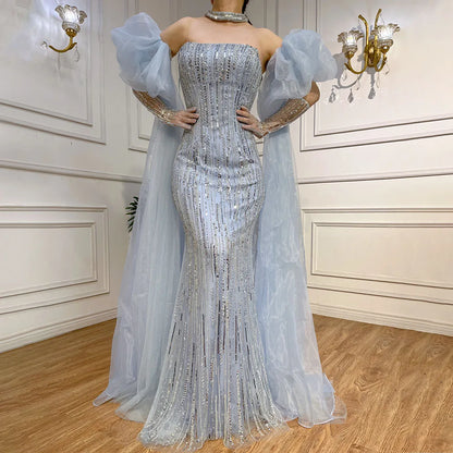 Luxury Dubai Arabic Blue Mermaid Balloon Sleeves Beaded Evening Dresses LA71823