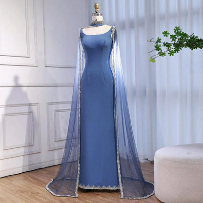Luxury Blue Mermaid Beaded Evening Dress with Cape Sleeves LA72086