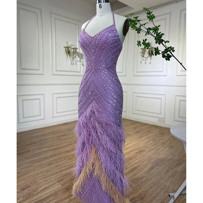 Lilac Feather Halter Mermaid Luxury Dubai Evening Dress LA72056