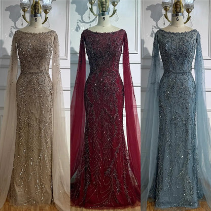 Luxury Caramel Beaded Evening Dress with Cape Sleeves LA73078