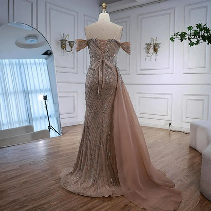 Luxury Nude Beaded Mermaid Evening Dress with Overskirt LA72911