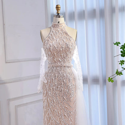 Luxury Lace Pearls Halter Mermaid Evening Dress With Glove White Nude LA72345F