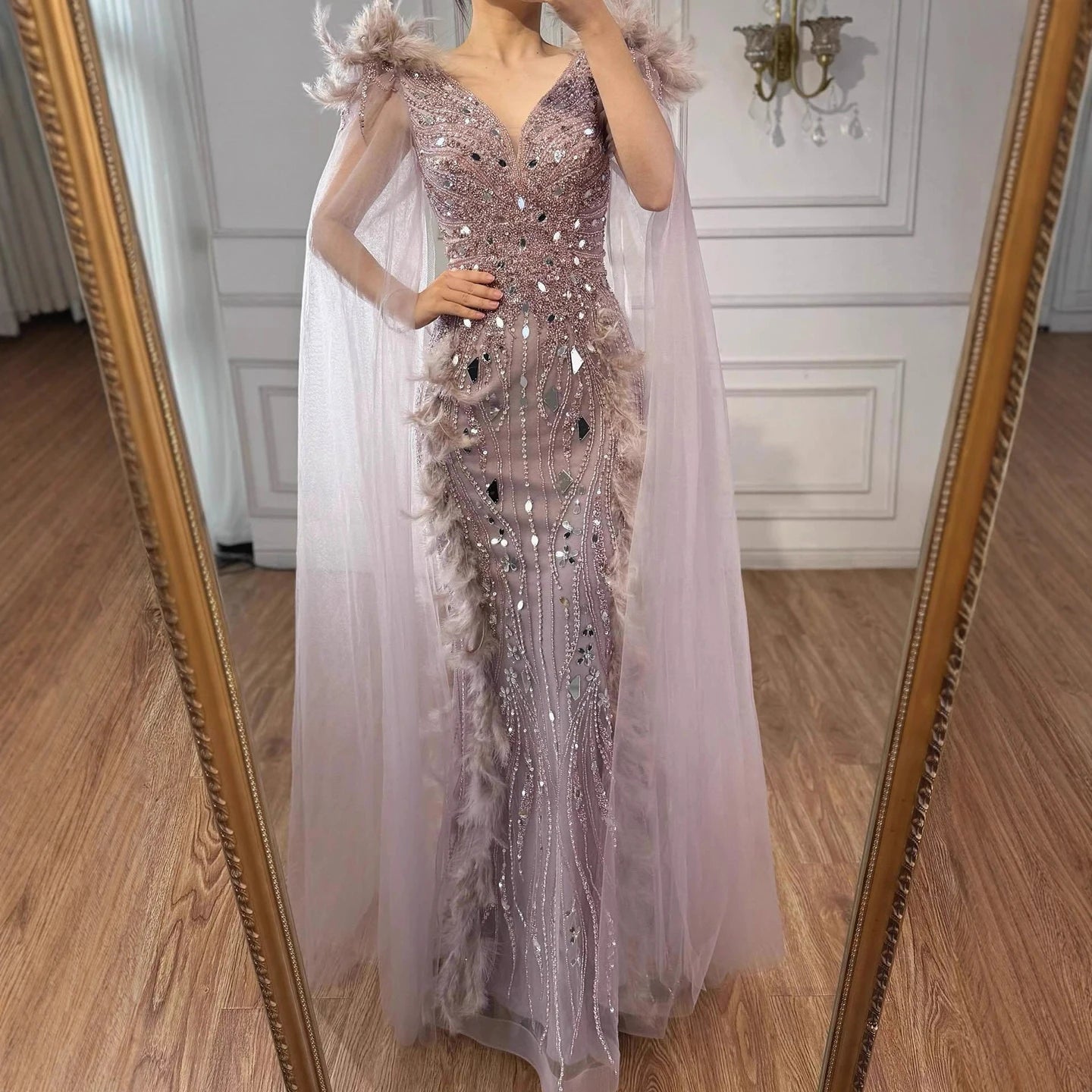 Luxury Caramel Feather Mirror Beaded Mermaid Evening Dress With Cape LA73328
