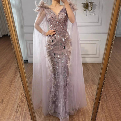 Luxury Caramel Feather Mirror Beaded Mermaid Evening Dress With Cape LA73328
