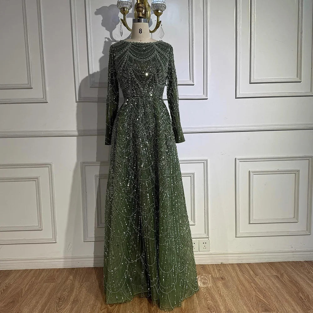 Luxury Olive Green Beaded A-Line Modest Evening Dress LA72738B