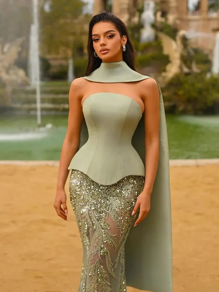Luxury Sage Green Beaded Mermaid Evening Dress with Cape Collar LA73110