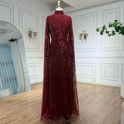Luxury Dubai  Muslim Sage Green Pearls  Evening  Dress With Cape Plus Size LA72591