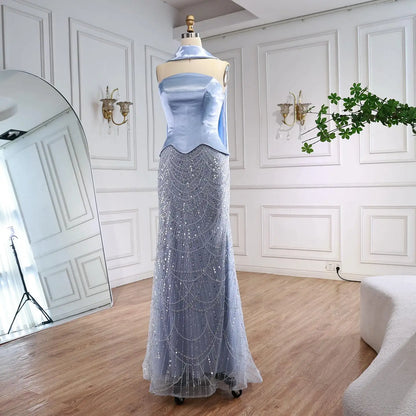 Blue Arabic Dubai Designer A-Line Evening Dress for Women Party LA73216