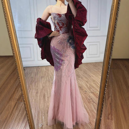 Luxury Designer Dreamy Pink Evening Dress With Cape Sleeves LA72850