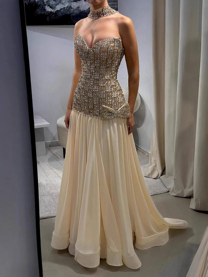 Luxury Champagne A-Line Crystal Beaded Evening Dress LA73361