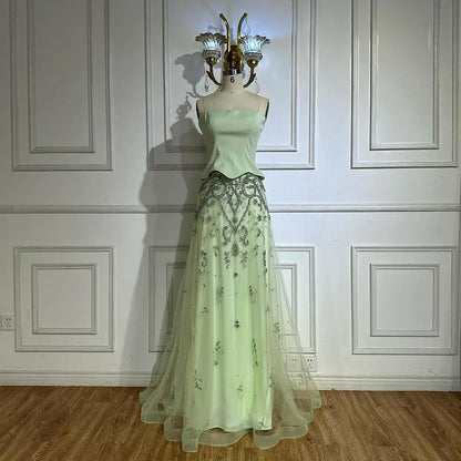 Elegant Sage Green Beaded A-Line Evening Dress Gown LA72809