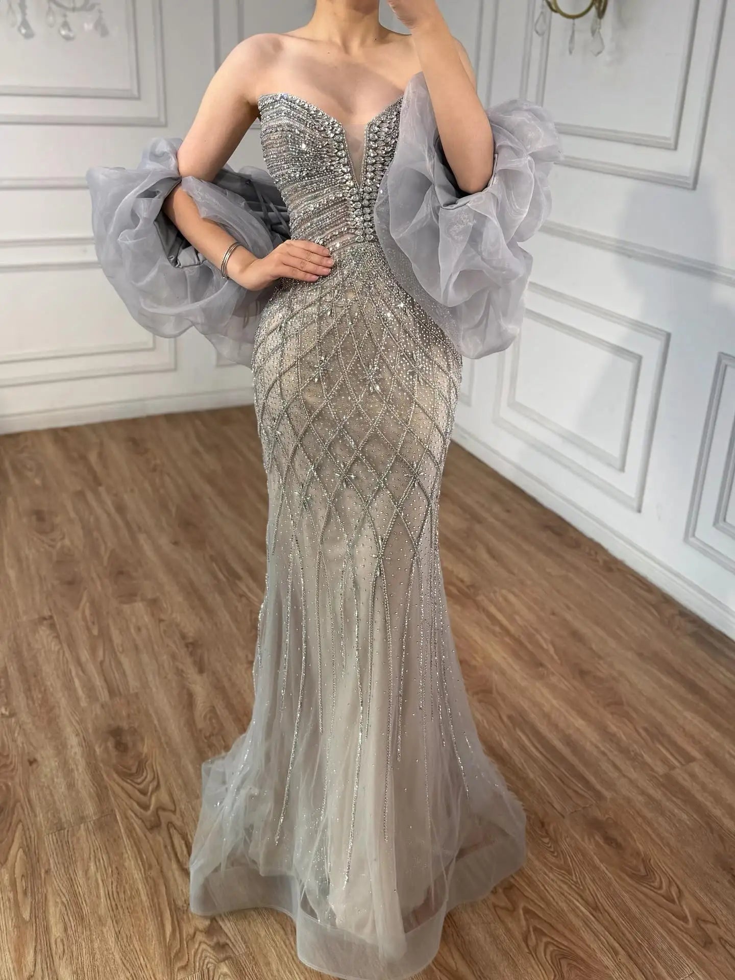 Serene Hill Beaded Gray Diamond Evening Dress With Cape LA73411