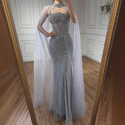 Luxury Turquoise Crystal Beaded Evening Dress with Cape LA73202