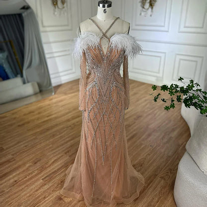 Luxury Dubai   Blue Feather Beaded Luxury Mermaid Evening Dresses Gowns for Women Formal Occasion LA72836
