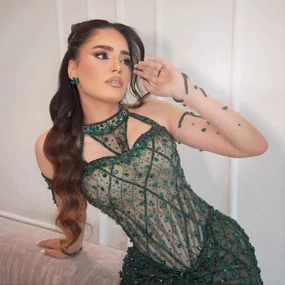 Luxury Green Halter Beaded Dubai Corset Evening Dress LA73322