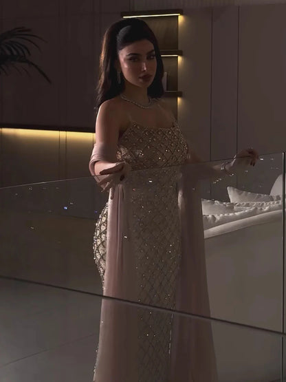 Luxury Pink Beaded Mermaid Evening Dress with Cape LA73366