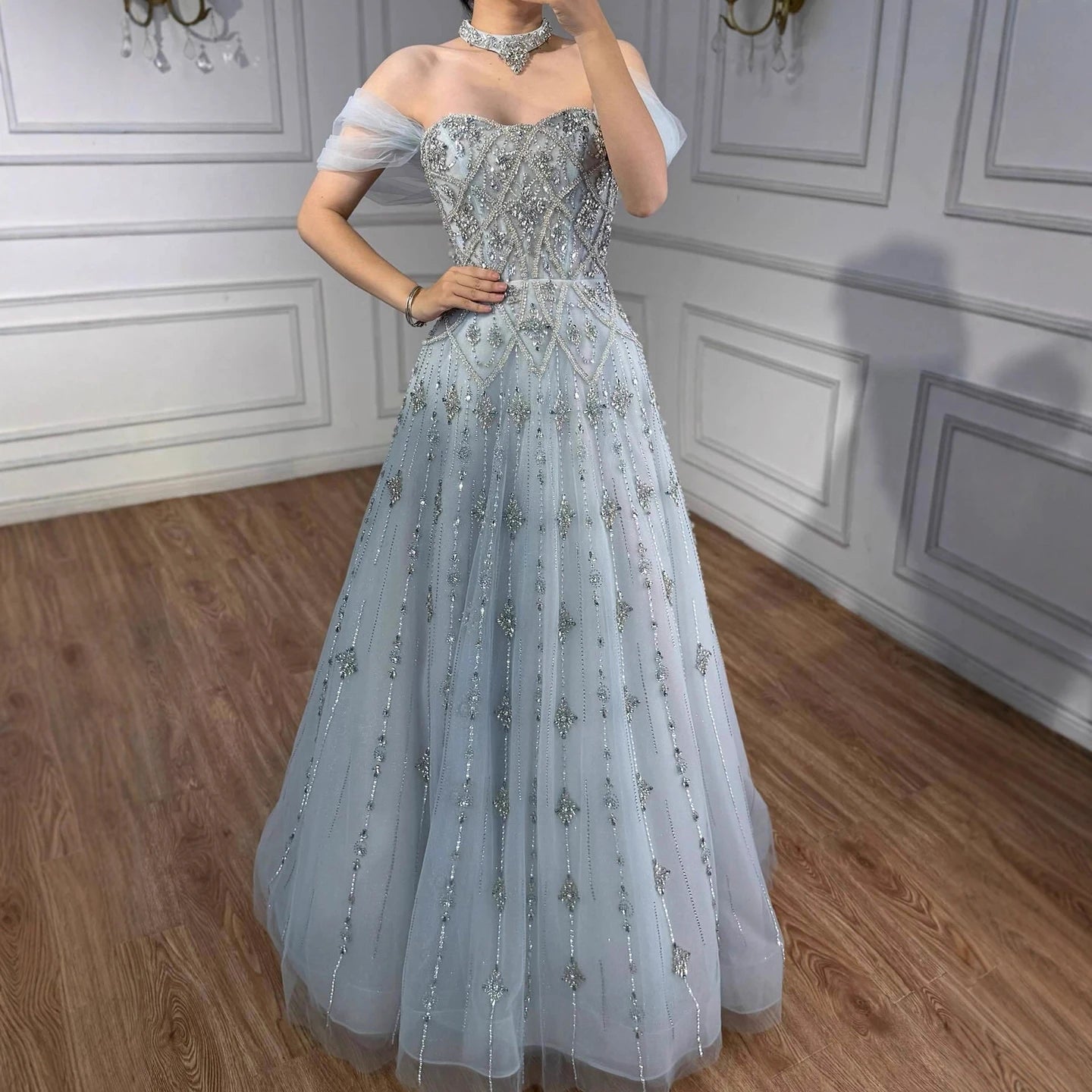 Luxury Gray Blue A-Line Dreamy Beaded Evening Dress With Necklace LA73397