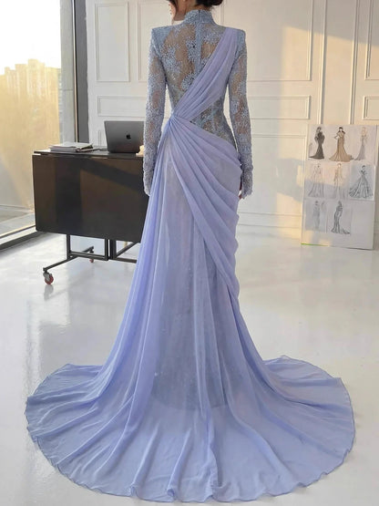 Luxury Blue High Neck Long Sleeves Beaded Mermaid Evening Dress LA73407