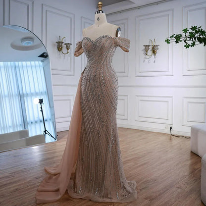 Luxury Nude Beaded Mermaid Evening Dress with Overskirt LA72911