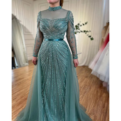 Luxury Nude Modest Beaded Tassel Mermaid Evening Dress LA71533