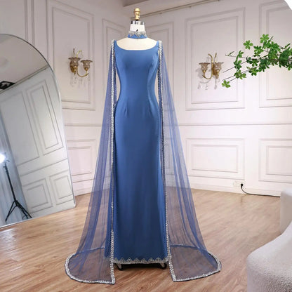 Luxury Blue Mermaid Beaded Evening Dress with Cape Sleeves LA72086