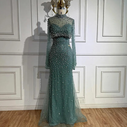 Luxury Turquoise Two Pieces Beaded Mermaid Evening Dress with Detachable Top LA73095