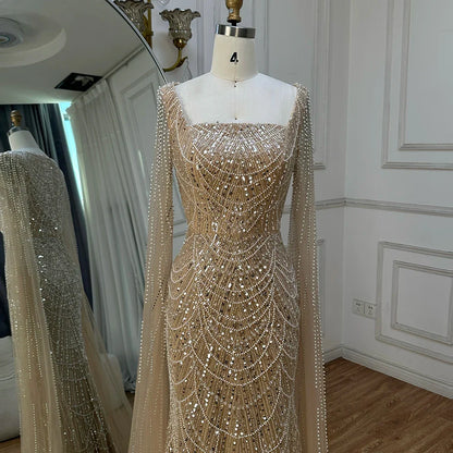 Luxury Arabic Mermaid Evening Dress with Cape Sleeves Plus SizeLA72590A
