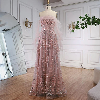 Elegant Pink 3D Flowers Evening Dress with Gloves LA72912