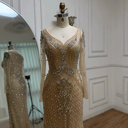 Luxury Nude Long Sleeve Beaded Mermaid Evening Dress LA73155