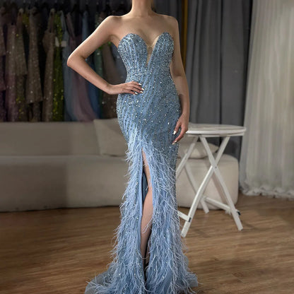 Luxury Blue Feather Beaded Evening Dress with Side Skirt LA72695