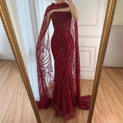 Luxury Nude Beaded Evening Dress with Cape Sleeves LA72824