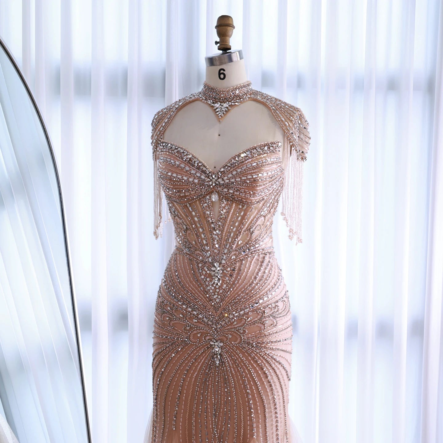 Luxury Dubai Beaded Blue Pink Evening Dress with Tassel Cape LA72897A