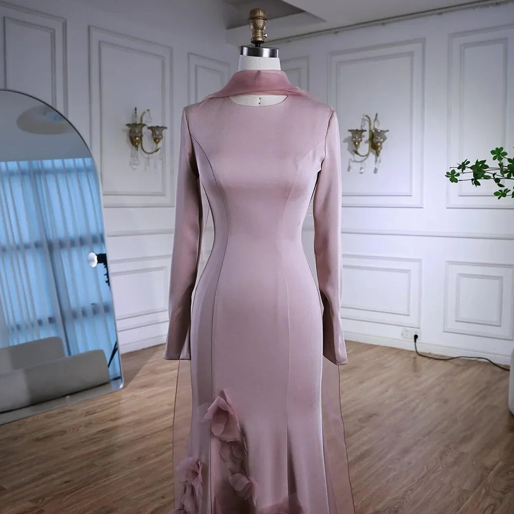 Luxury Pink 3D Flower Evening Dress  Long Sleeves LA72954