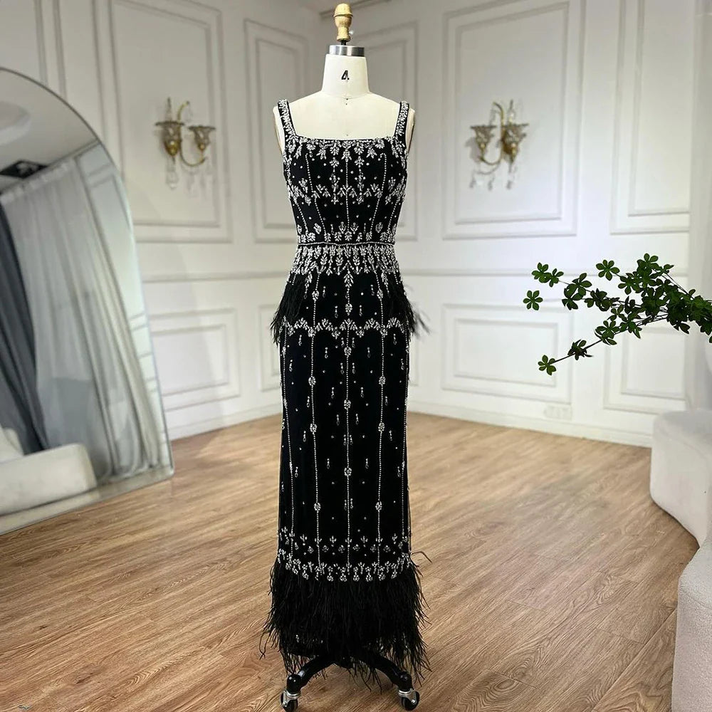 Luxury Caramel Beaded Mermaid Evening Dress with Feathers LA71492B