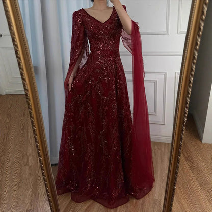 Luxury Wine Red A-Line Luxury Beaded Evening Dress with Cape LA73127