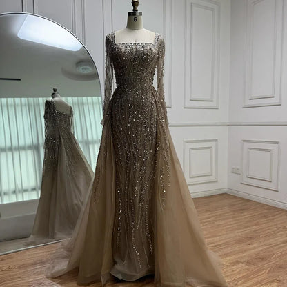 Luxury Arabic Caramel Beaded Mermaid Evening Dress with Overskirt LA72710A