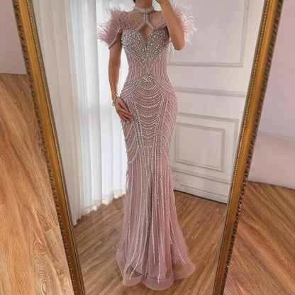 Luxury Pink Feather Halter Beaded Evening Gown for Wedding Party LA73212