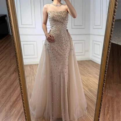 Luxury Arabic Pink Beaded Mermaid Evening Dress with Overskirt LA73084