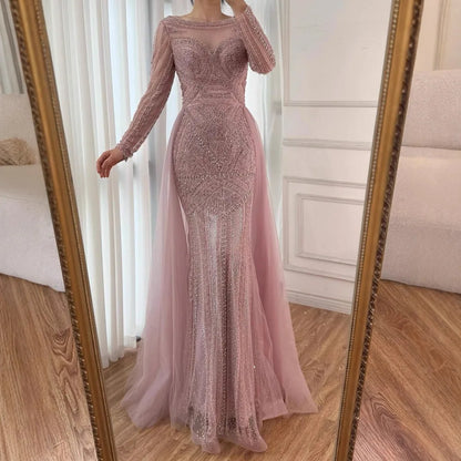 Luxury Dubai Nude  Evening Dress With Long Sleeves LA72967