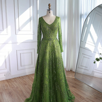 Luxury Lime Green Lace Beaded Long Sleeve Evening Dress LA73324