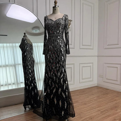 Luxury Black Silver Sequin Long Sleeve Mermaid Evening Dress LA73113