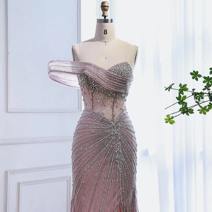 Luxury Pink Crystal One Shoulder Beaded Evening Dress Split LA73197