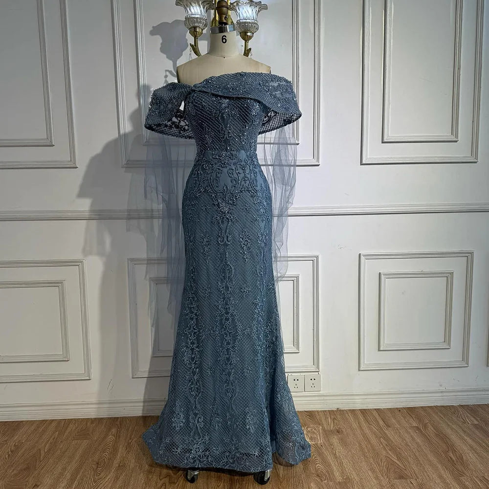 Luxury Blue Lace Off Shoulder Evening Dress for Women LA73125